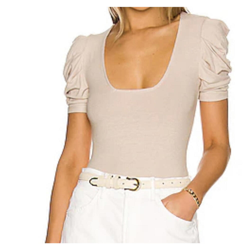 INTIMATELY Free People beige ribbed short puff sleeve bodysuit sz S